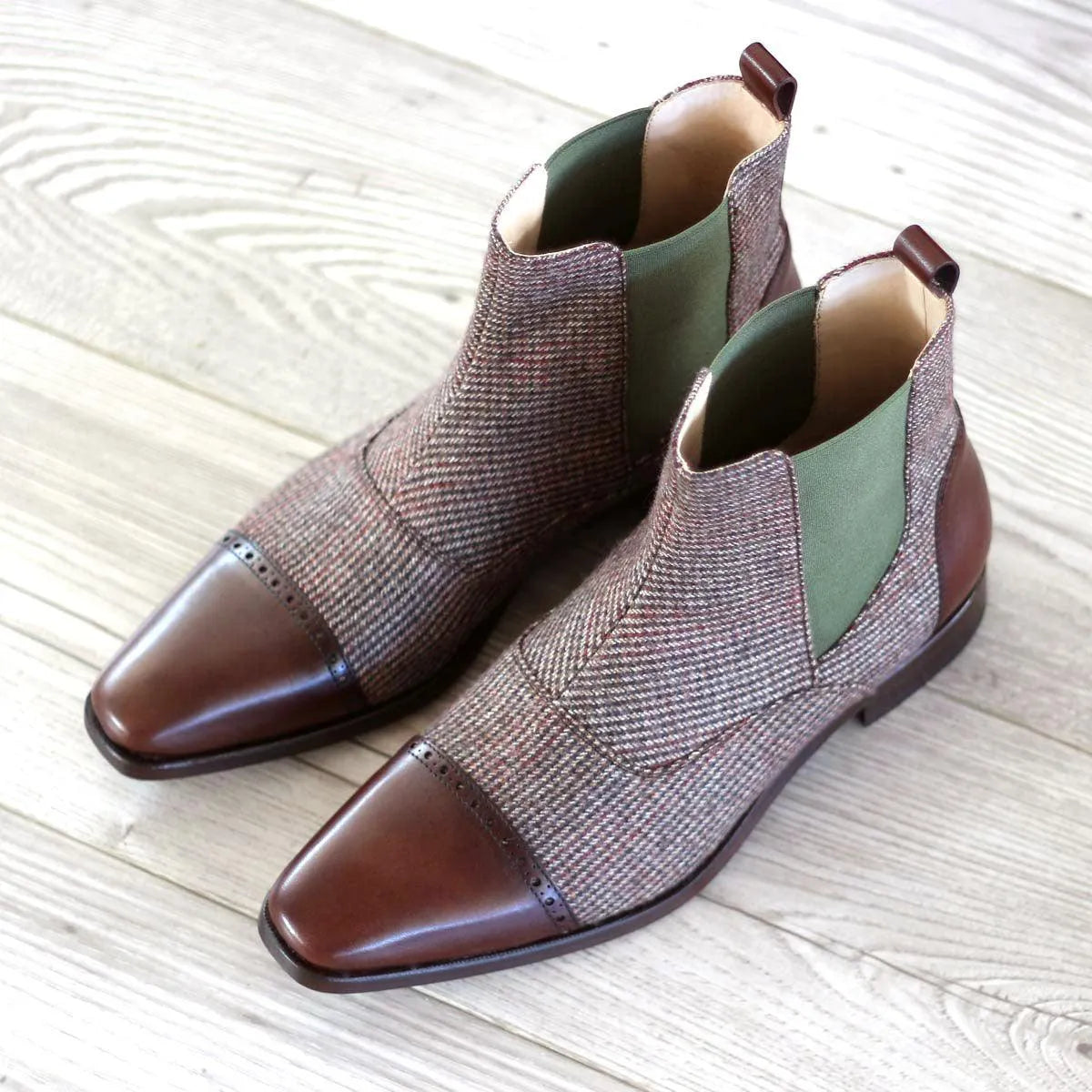 Pair of brown tweed and leather Saturday Chelsea boots
