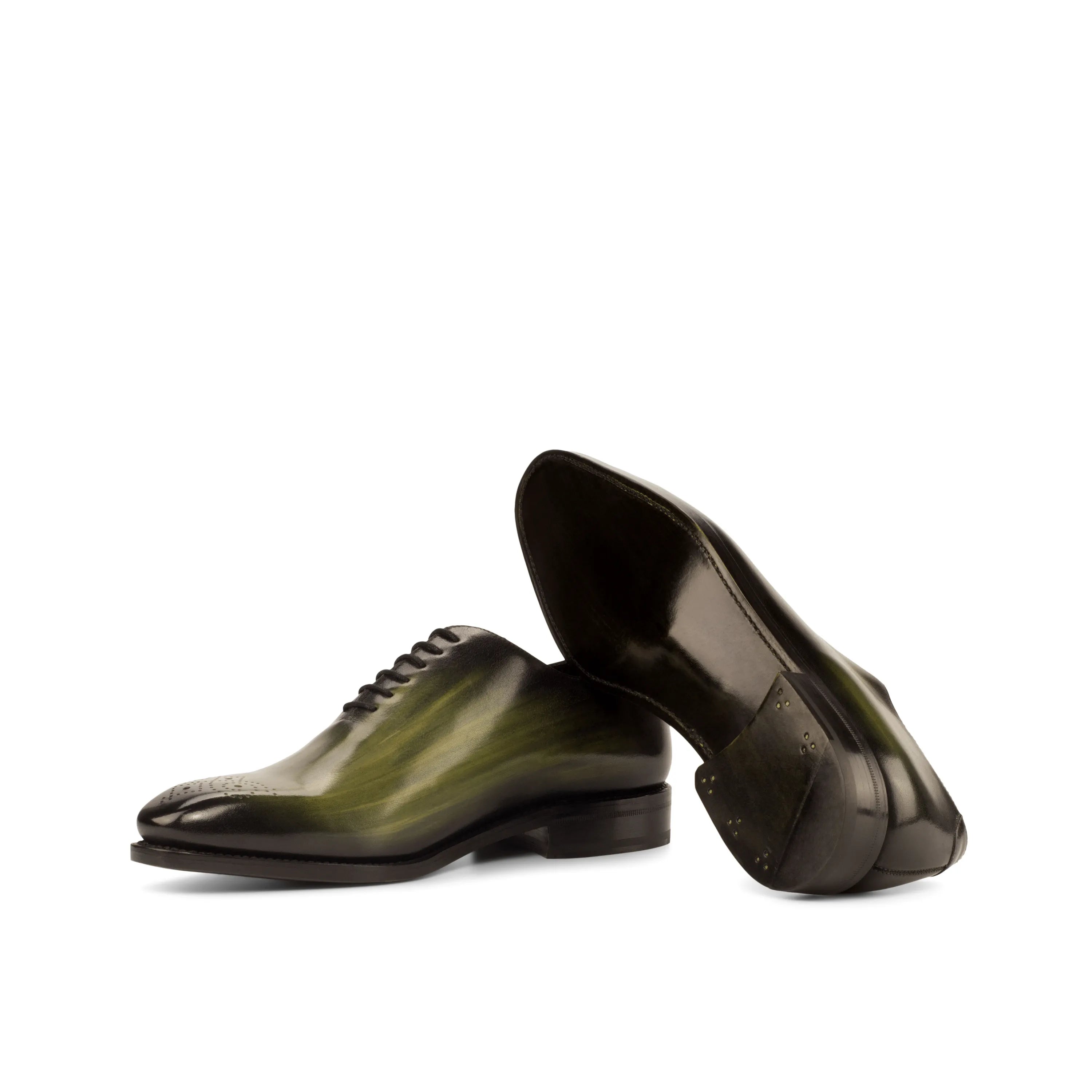 Pair of green whole cut patina luxury bespoke shoes for men