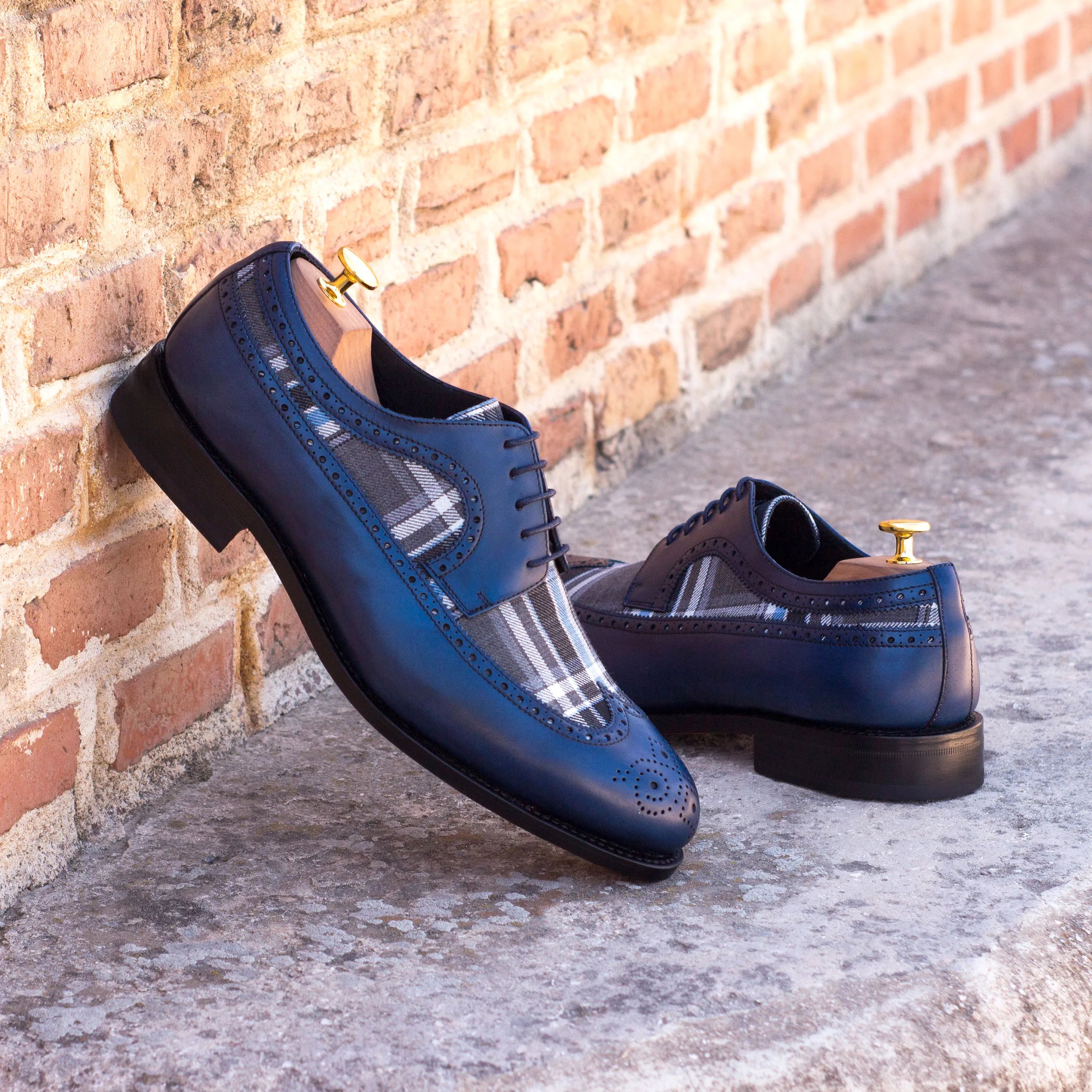 Seneca longwing blucher in blue leather and plaid dress shoes