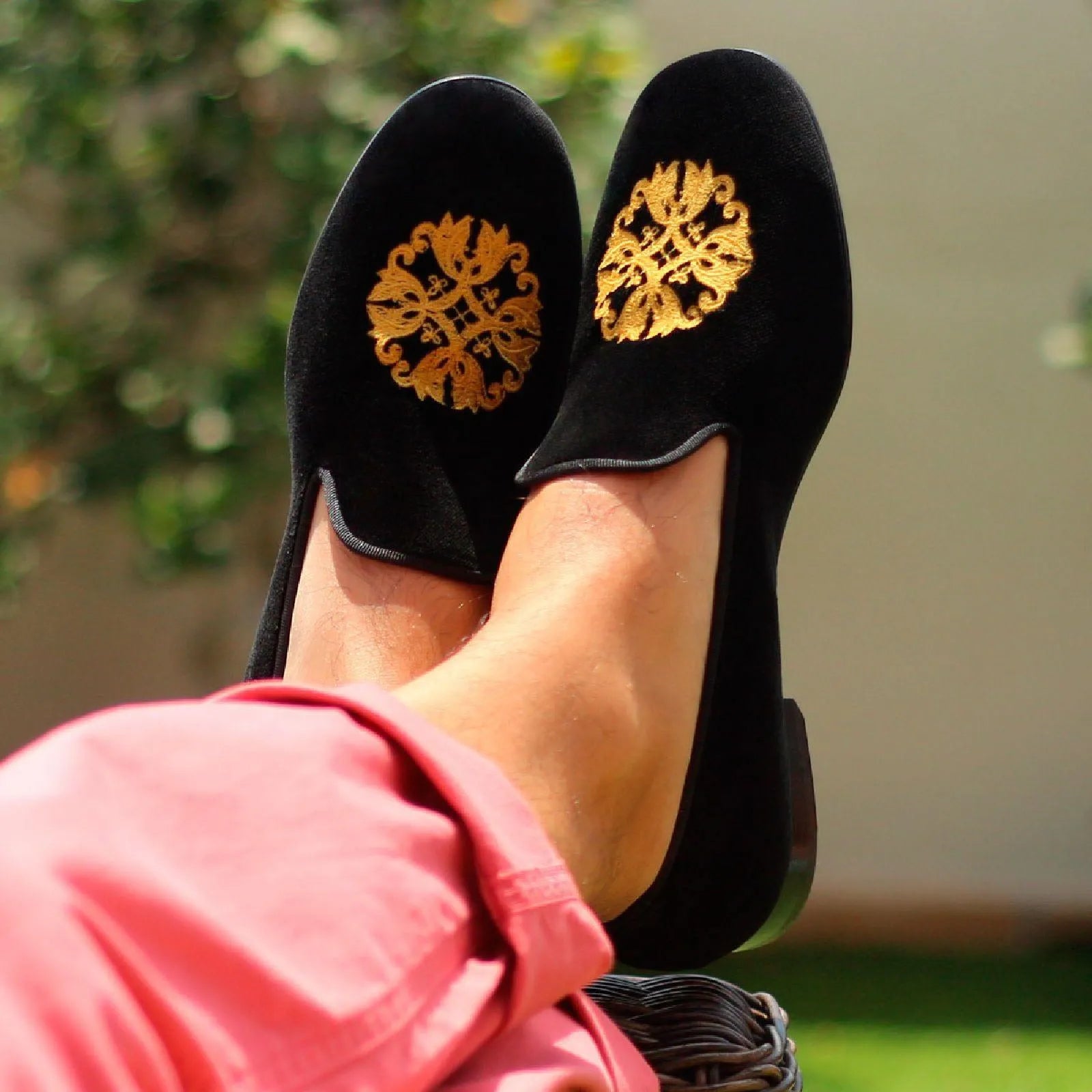 Sheikh Wellington Slipon black velvet loafers with gold embroidery