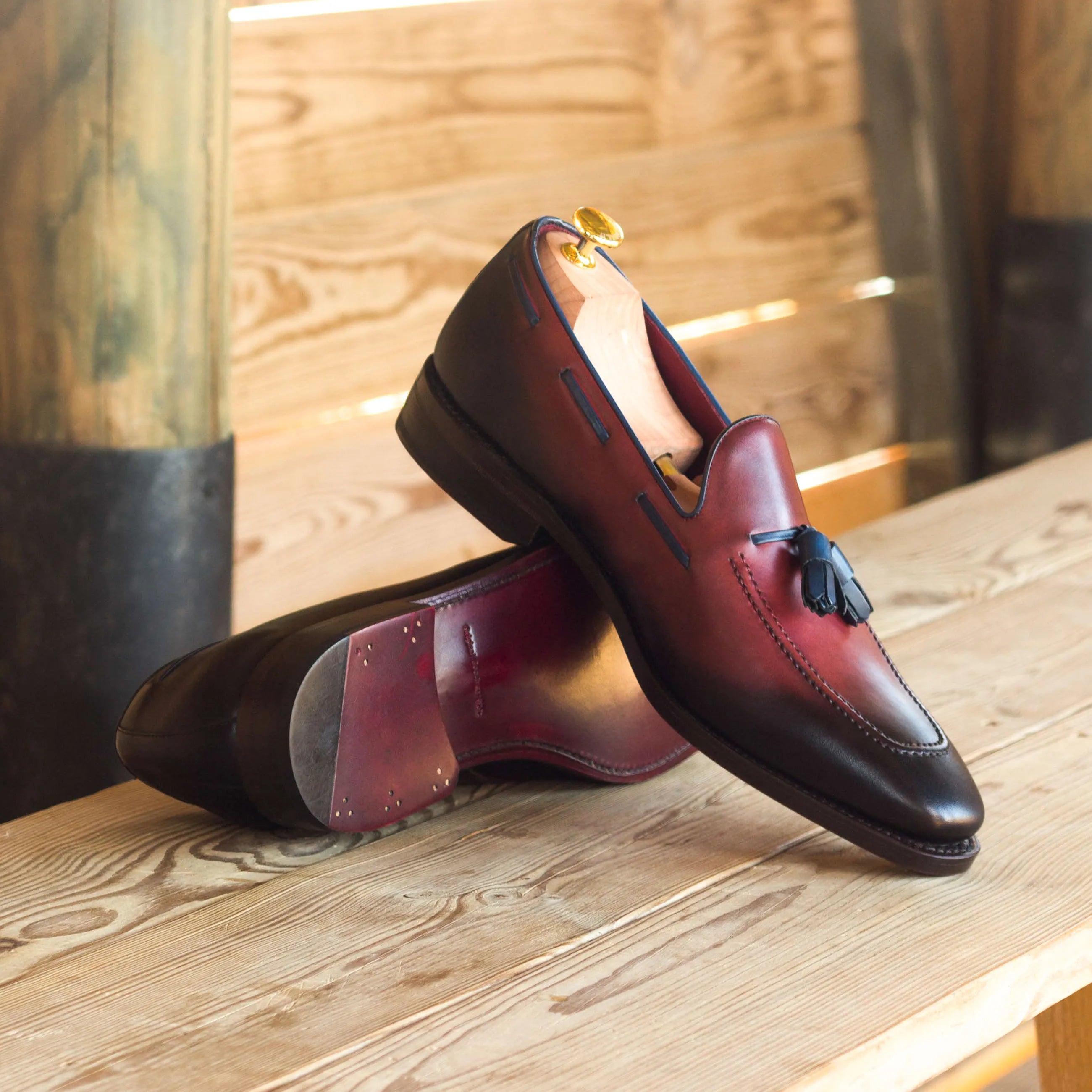 Silwauski loafers: burgundy and black painted calf luxury bespoke shoes for men