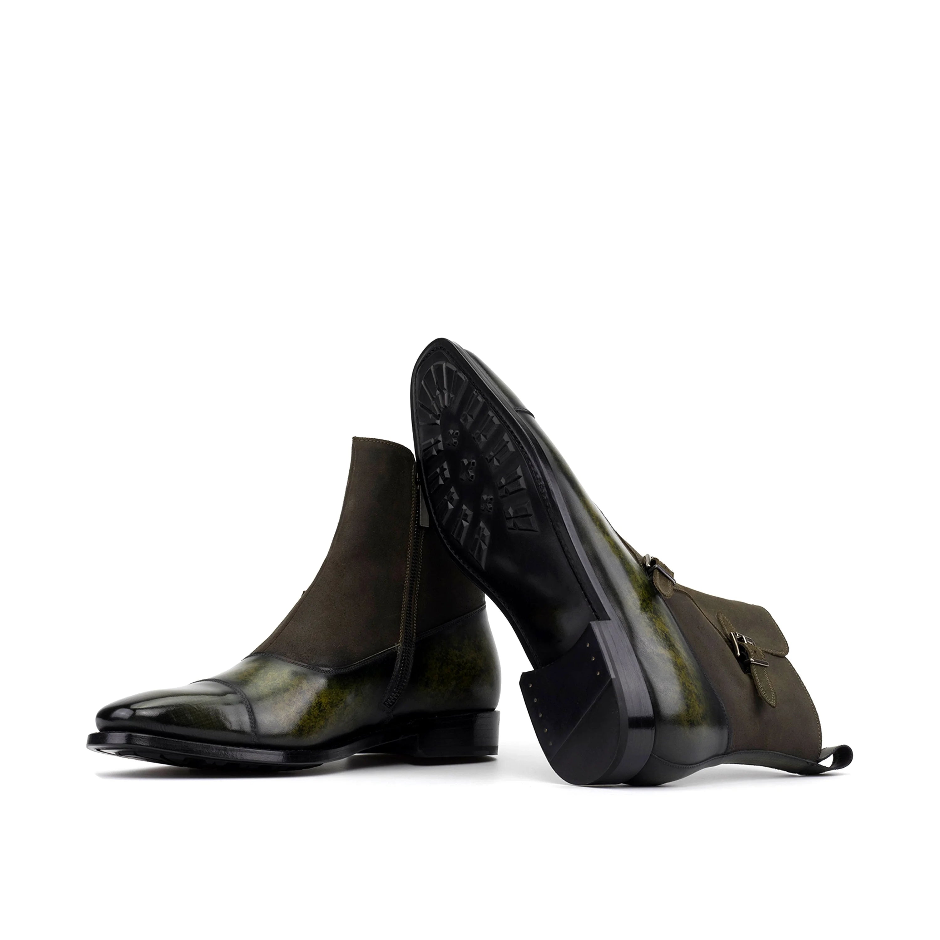 Smyrna Octavian Patina dark olive green leather Chelsea boots with buckles