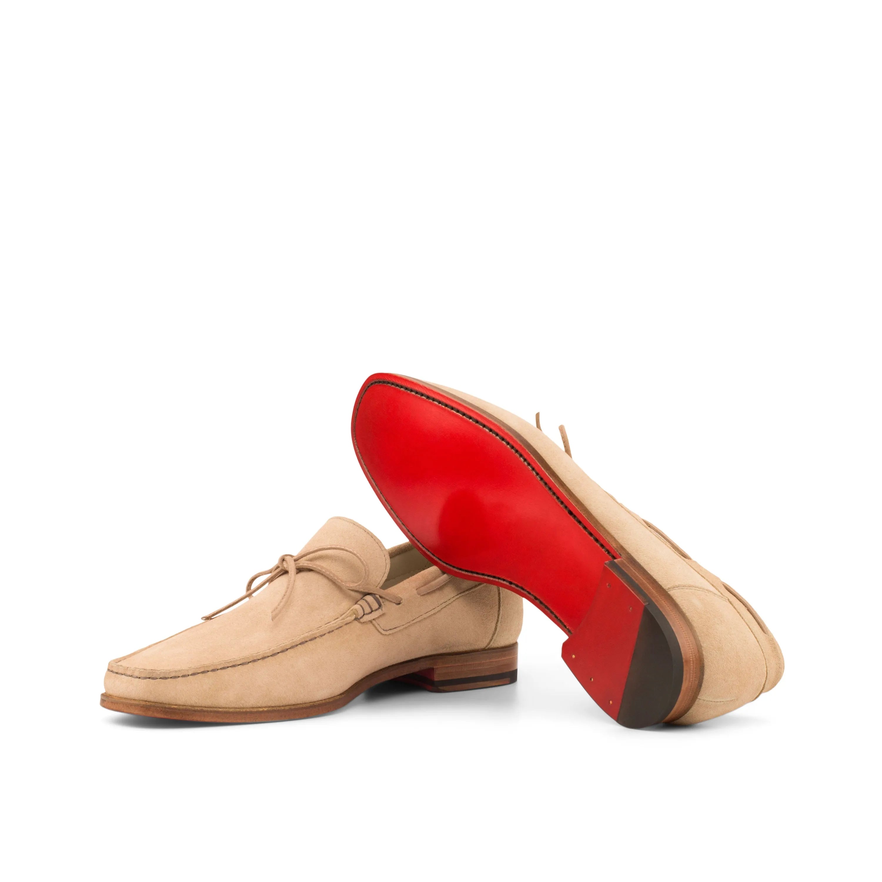 Beige suede Soleil Moccasin II loafers with red soles, luxury bespoke shoes for men