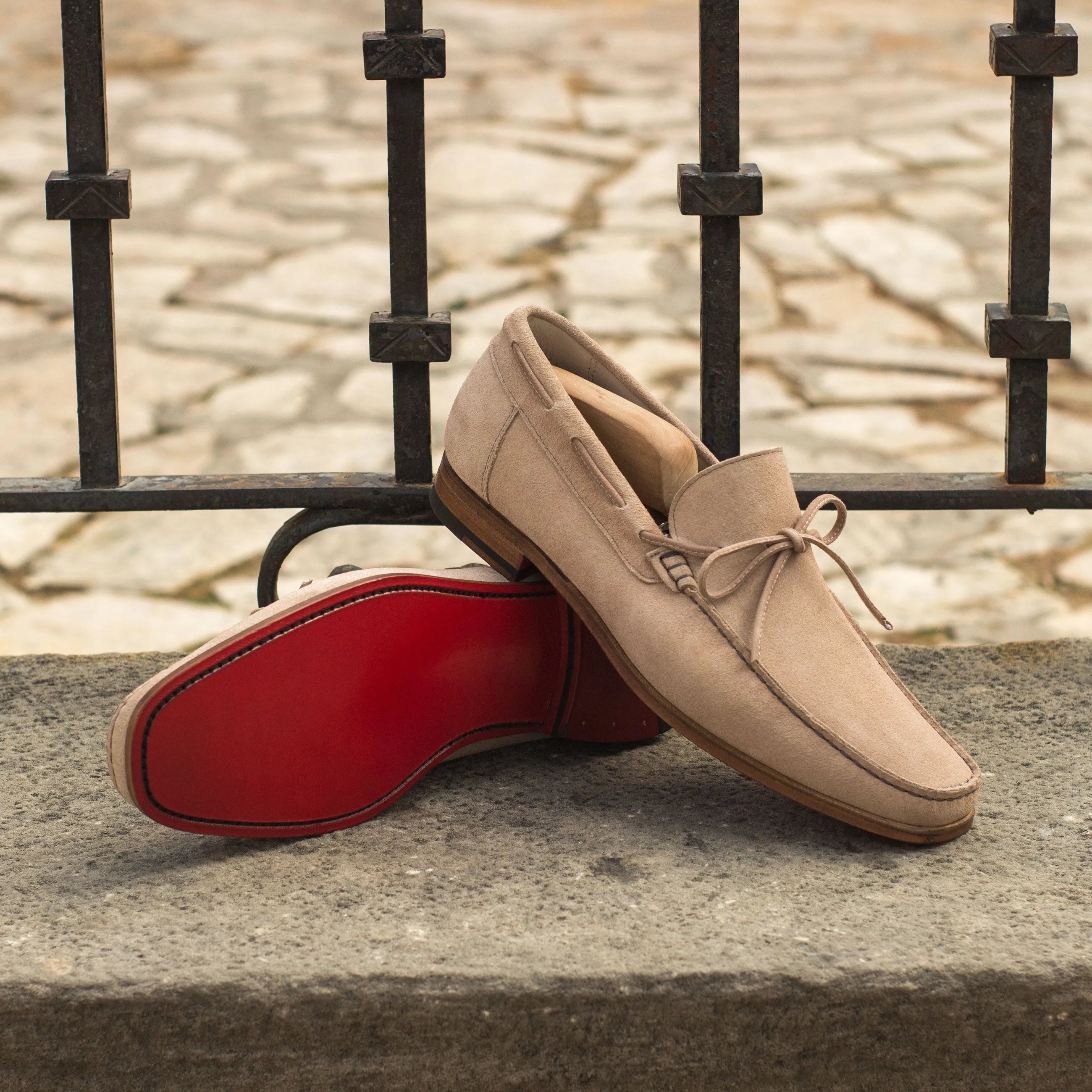 Soleil Moccasin II beige suede loafers with red soles, luxury bespoke shoes