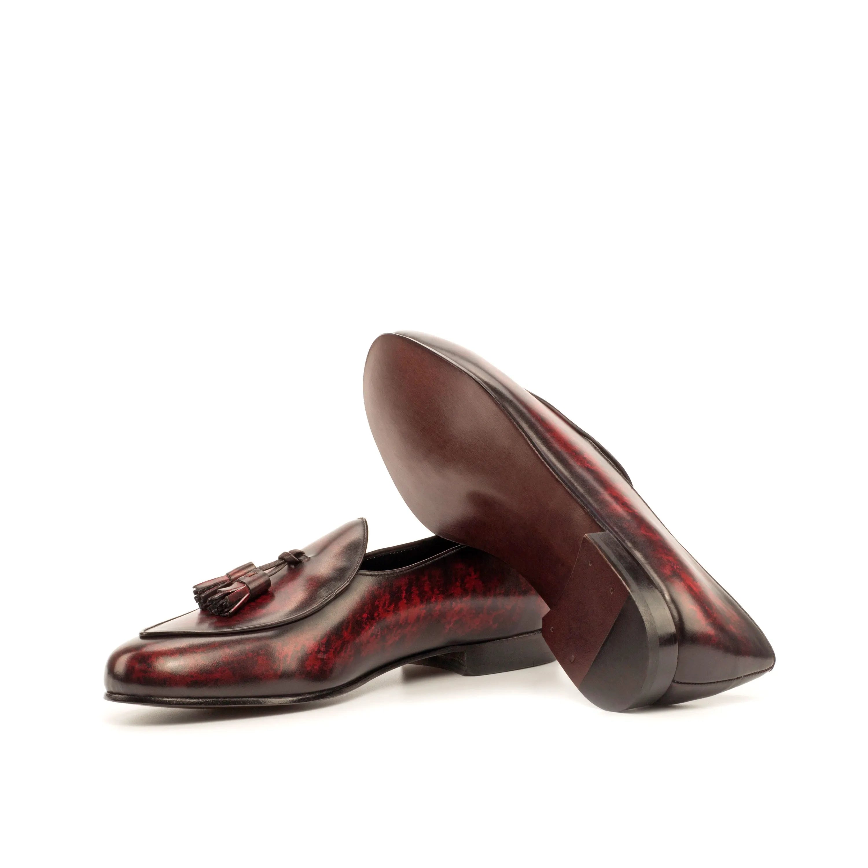 Burgundy leather tassel loafers on SoLo Belgian Slipper