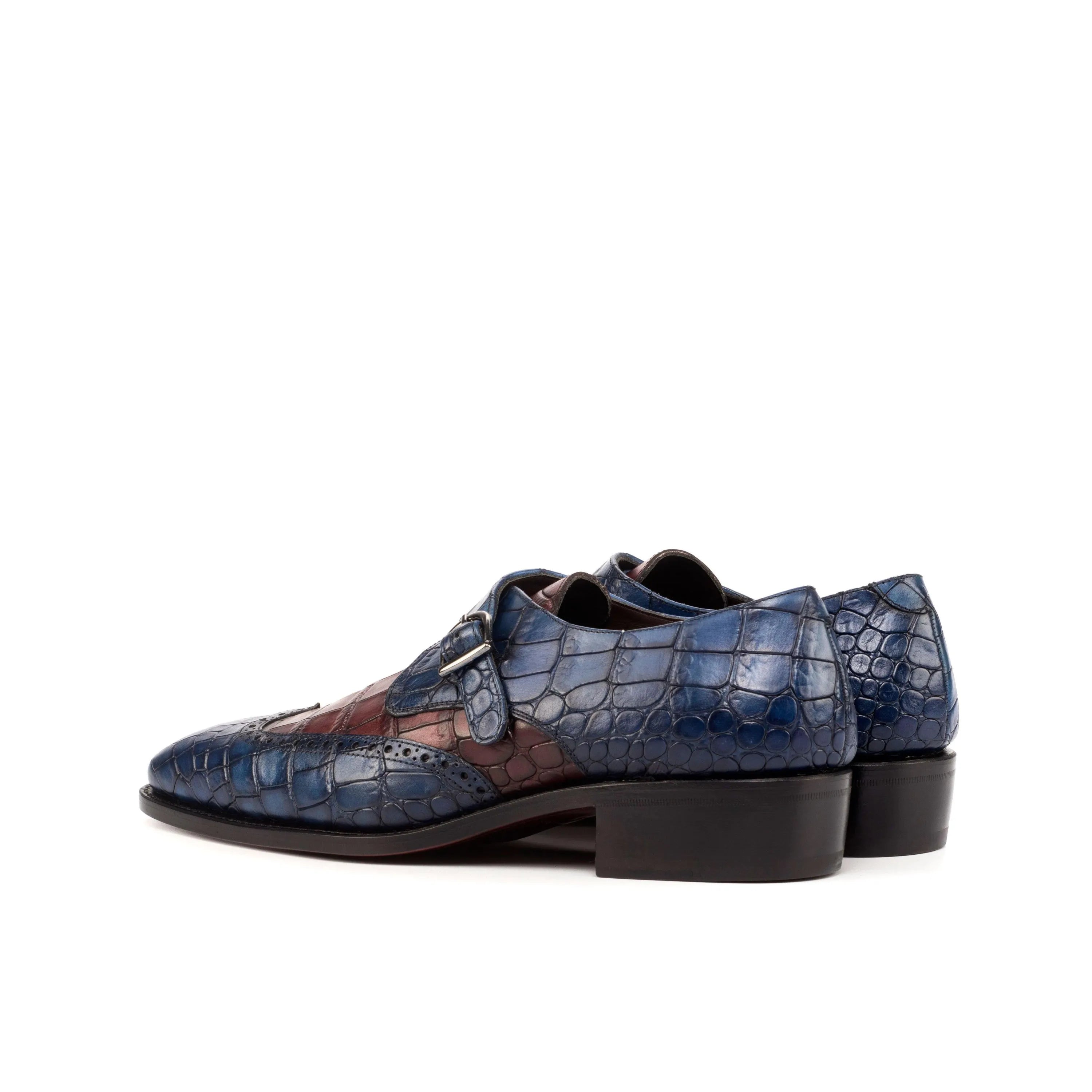 Sona single monk croco shoes in blue and brown crocodile pattern