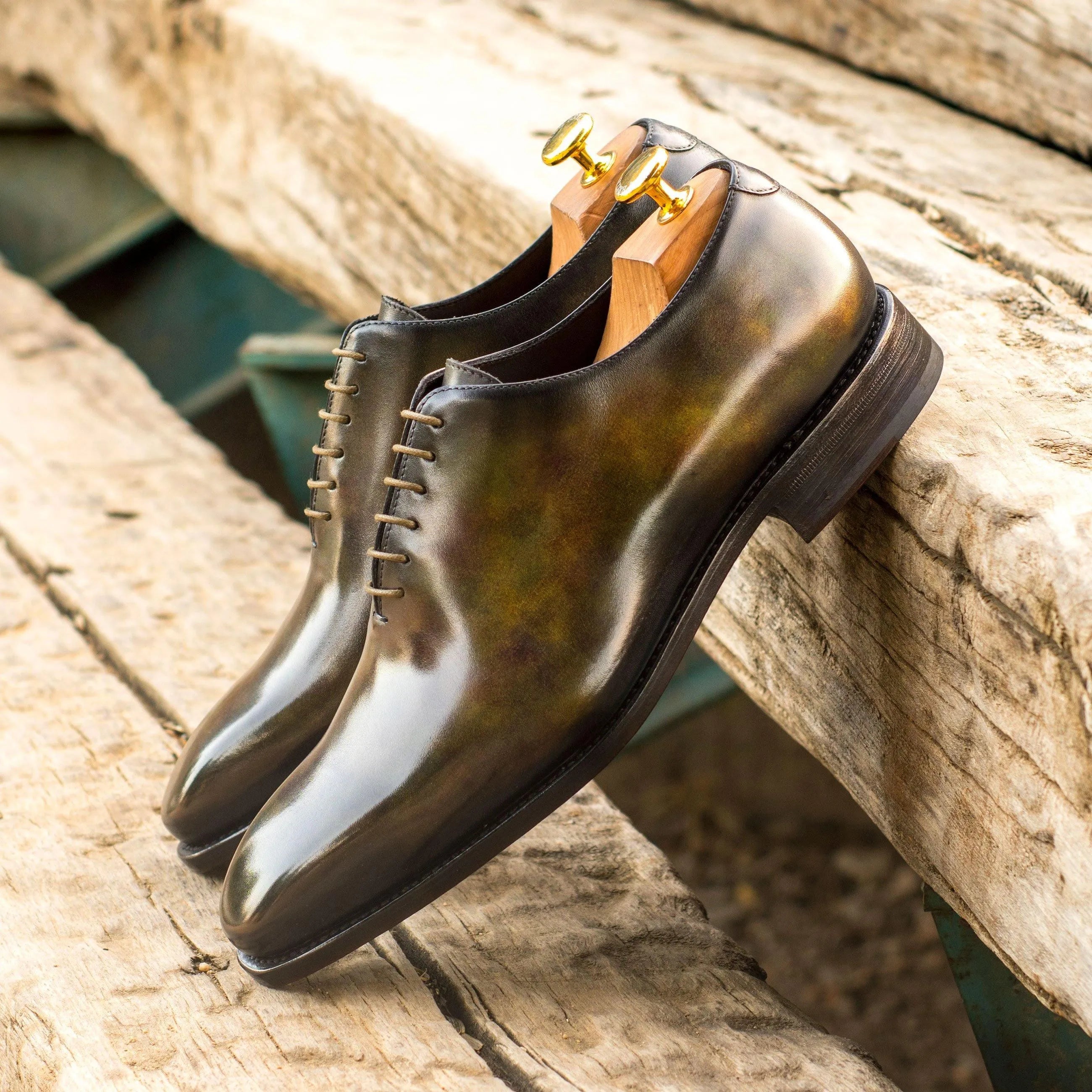 T5 whole cut patina II luxury bespoke olive-green leather shoes