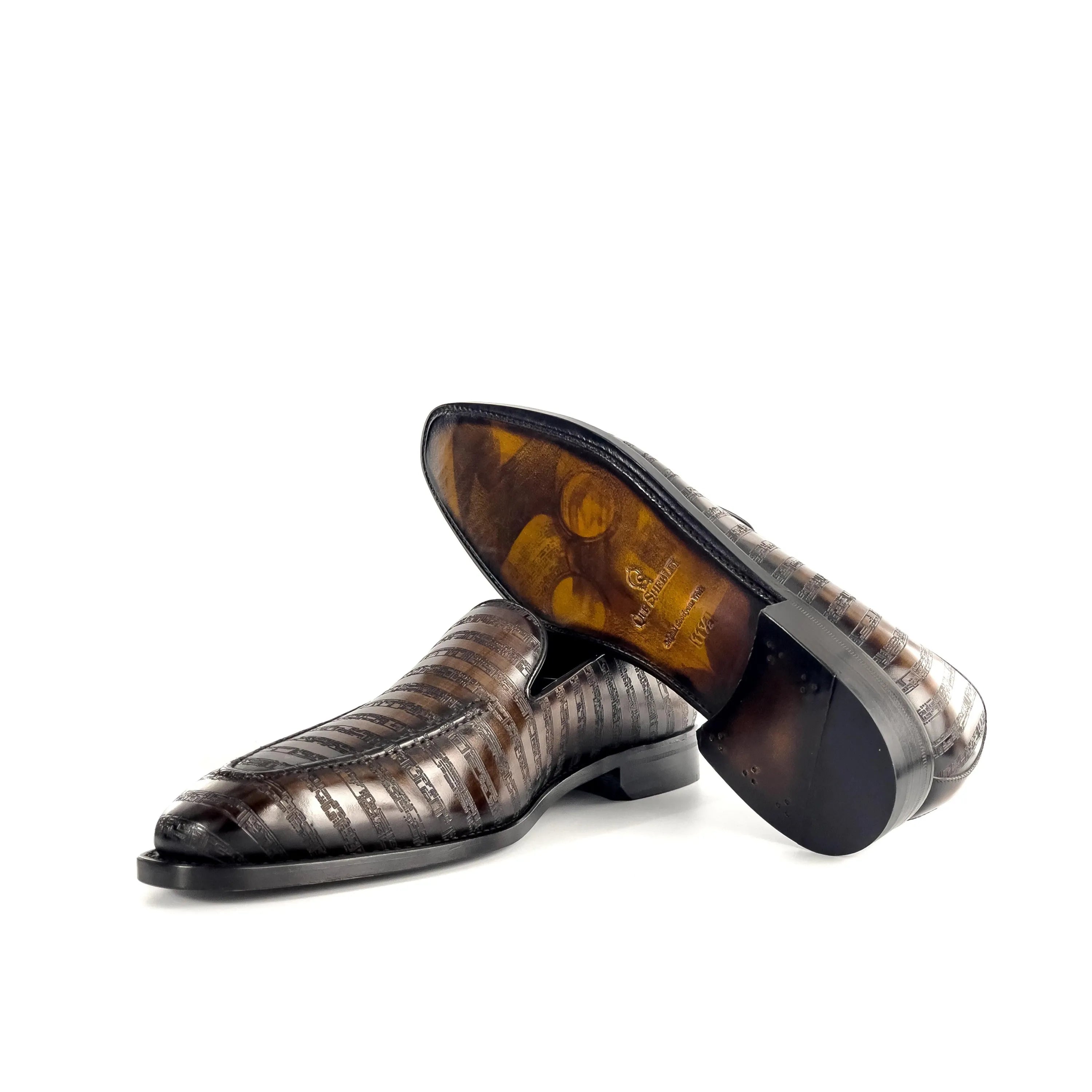 Striped brown Poet VIII Patina leather loafers with papiro patina