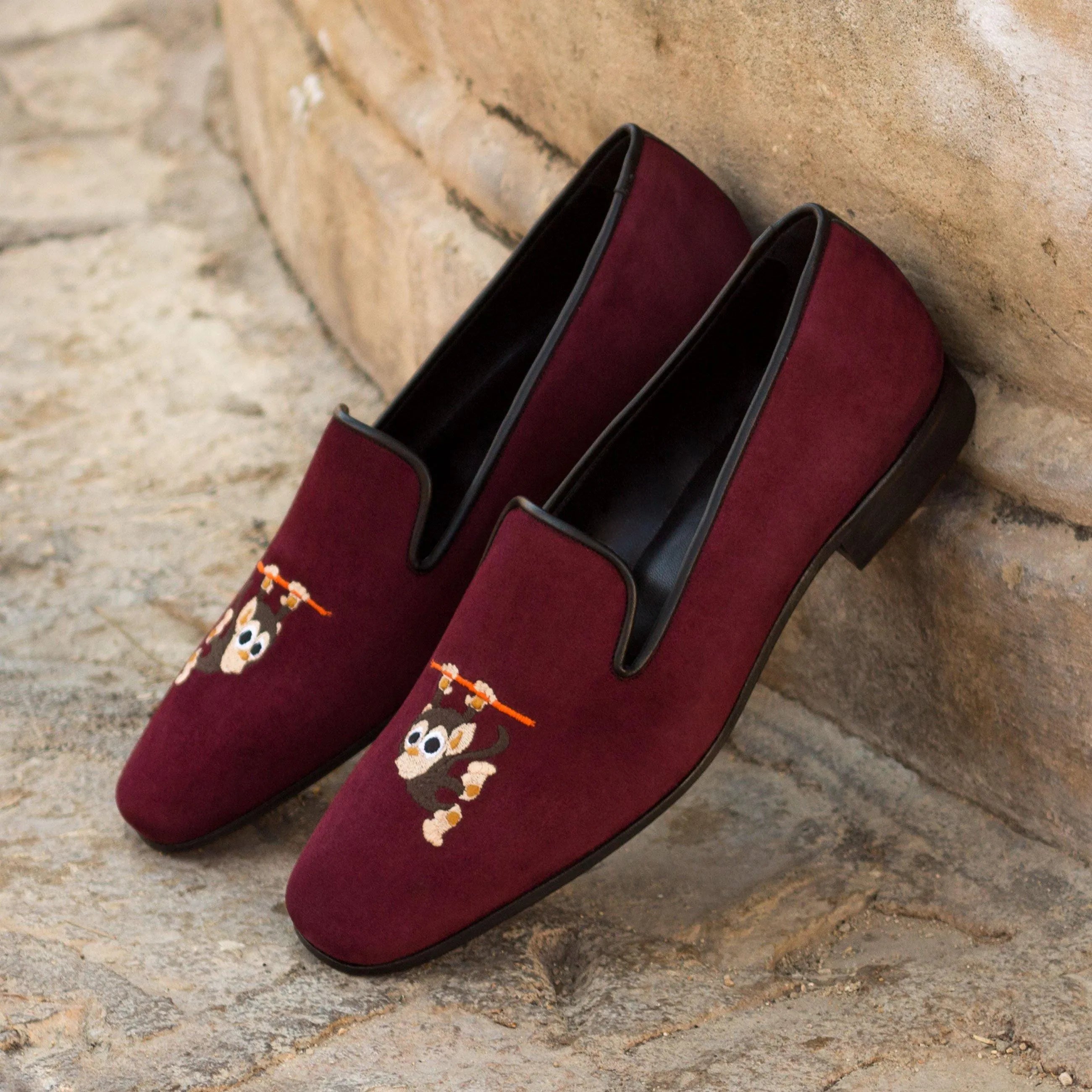 Tito Drake slipon burgundy velvet loafers with monkey embroidery