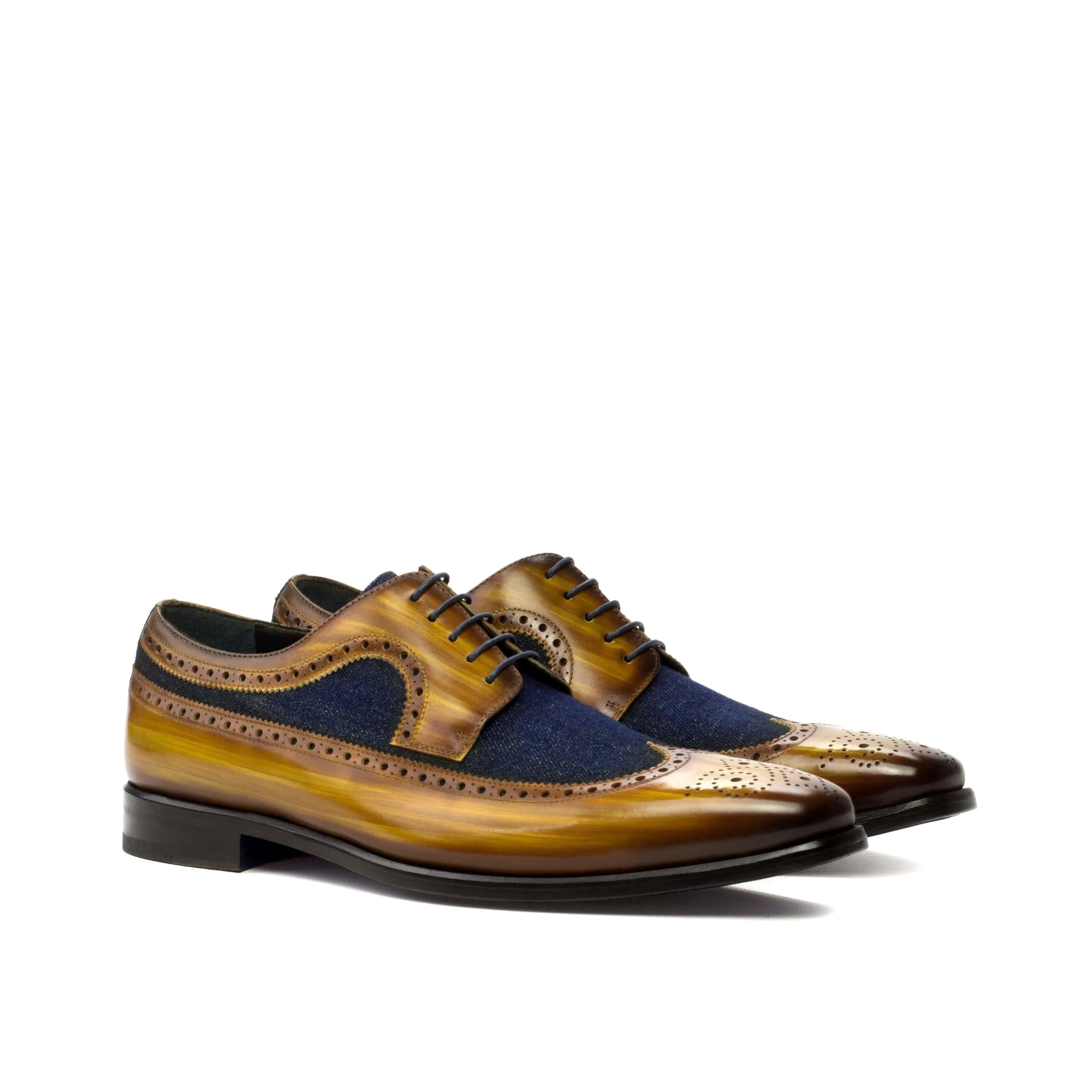 Trevor Longwing Blucher II brown and blue leather crust patina shoes