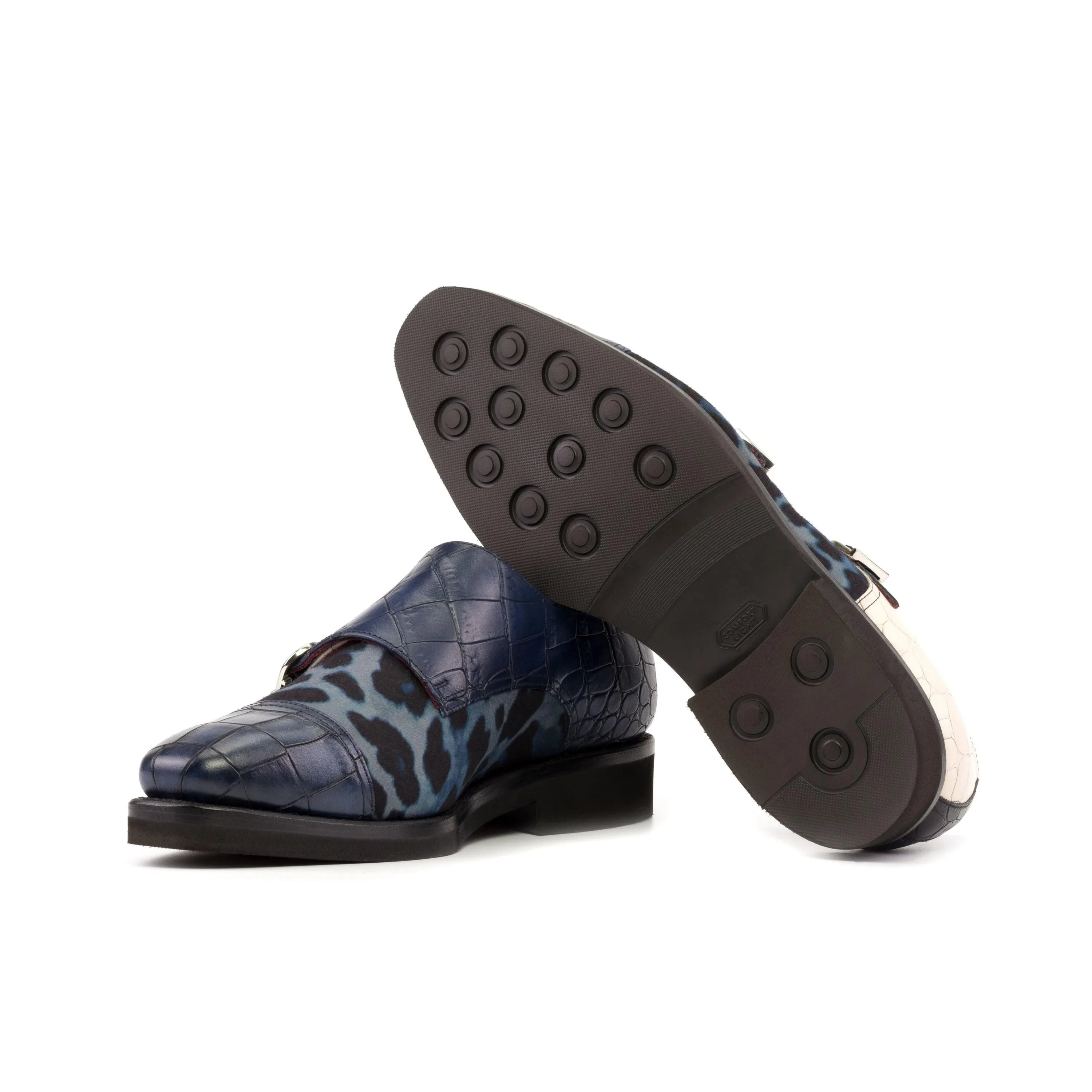 Tuin Double Monk II blue and leopard print monk strap shoes