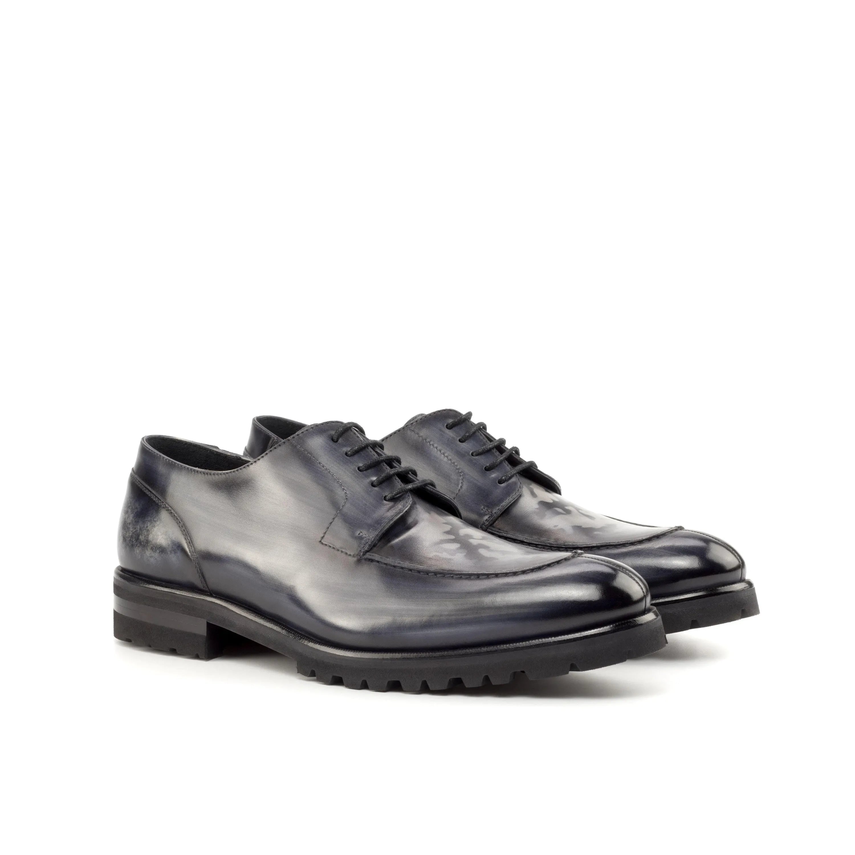 Vega derby split toe patina shoes II in black leather mens dress style