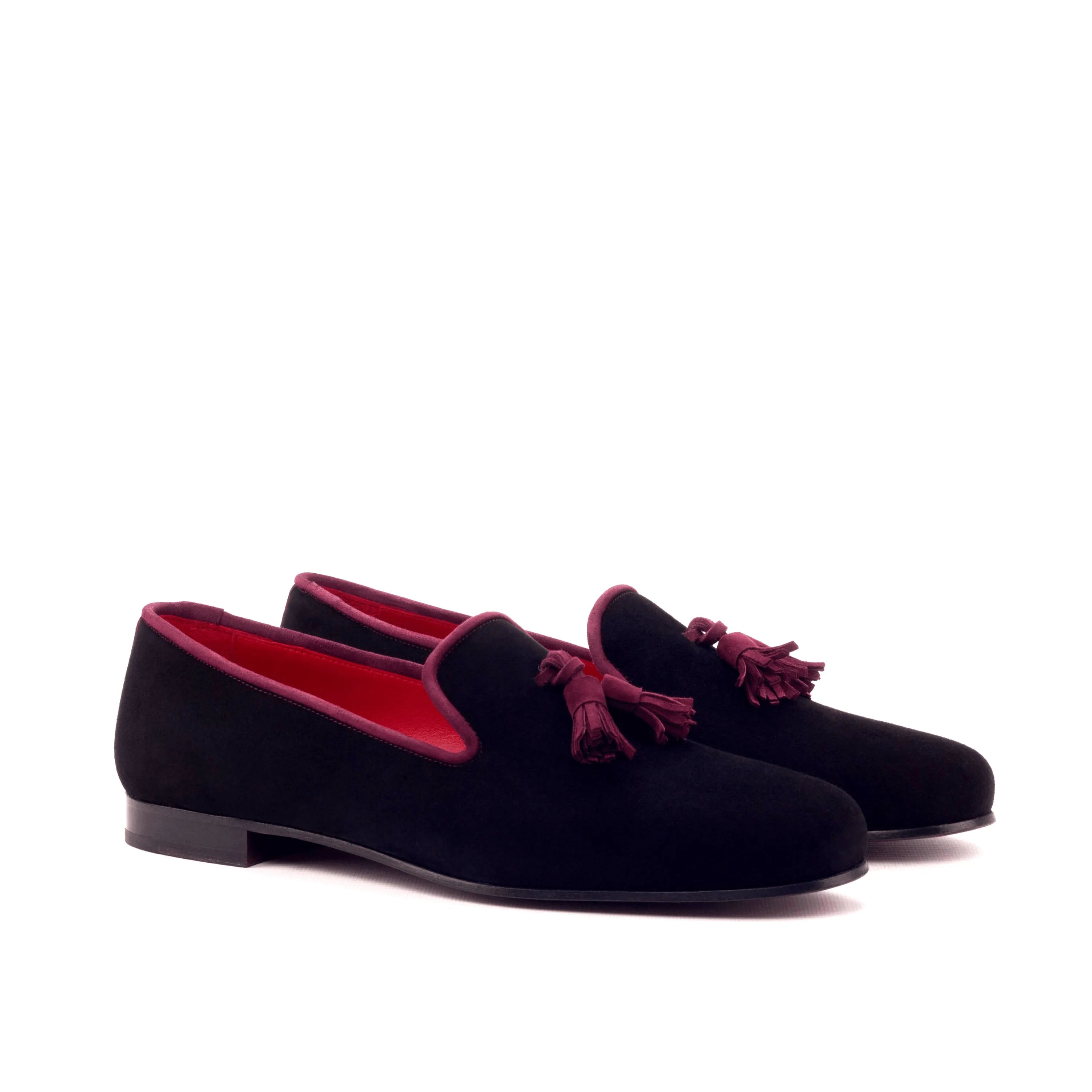 Victor Wellington Slip on II black velvet tassel loafers with red trim