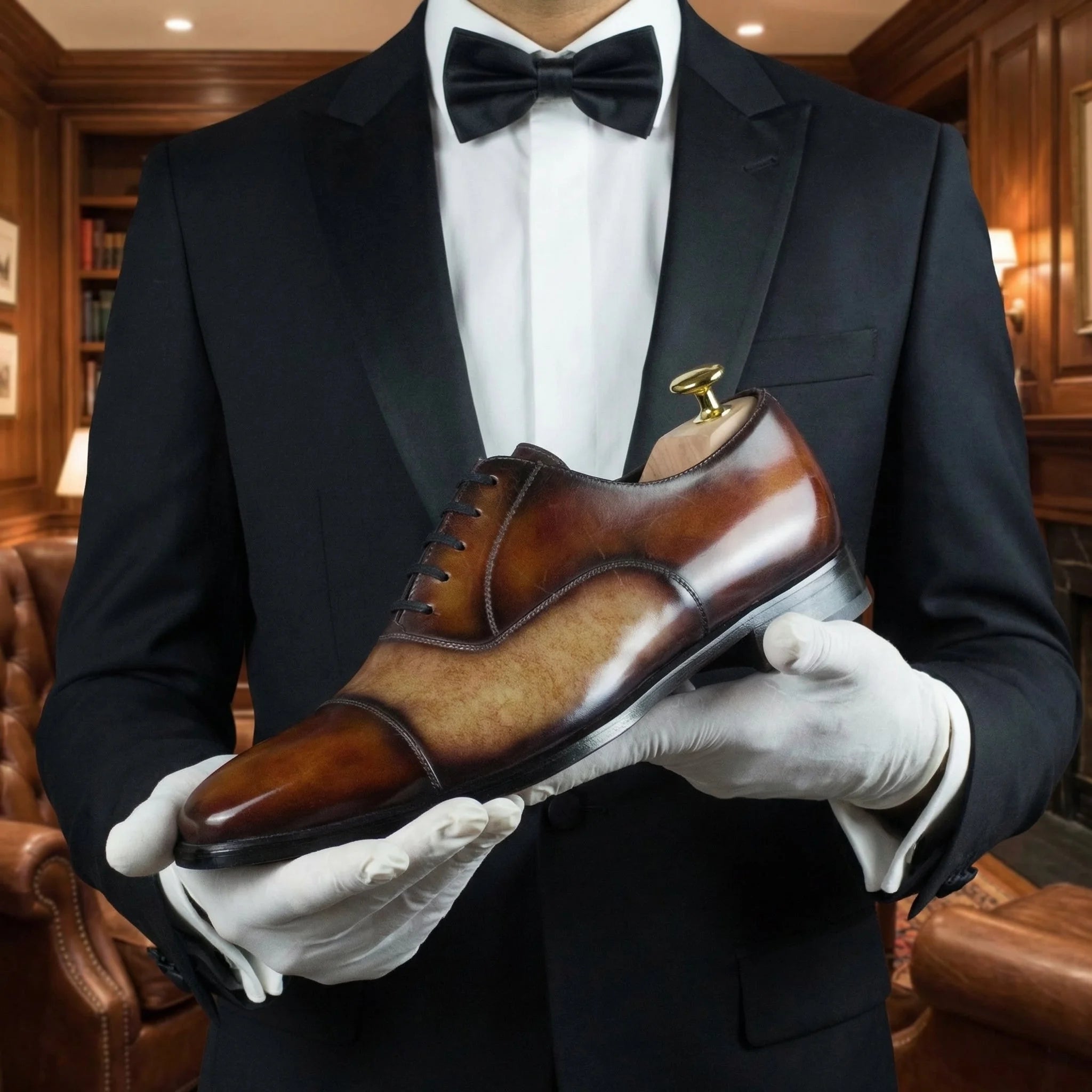 Brown leather violin oxford patina soft chisel toe shoe with polished finish and contrasting tan toe cap