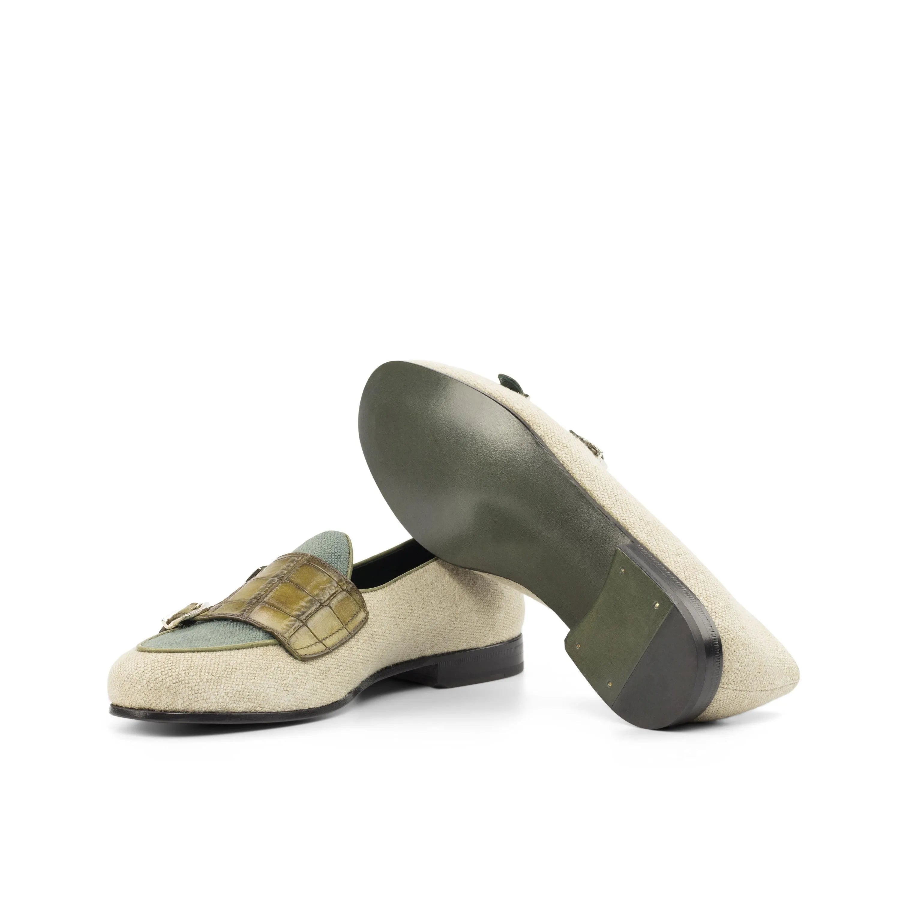 Votan Belgian Monk Slipper II in beige and olive painted leather