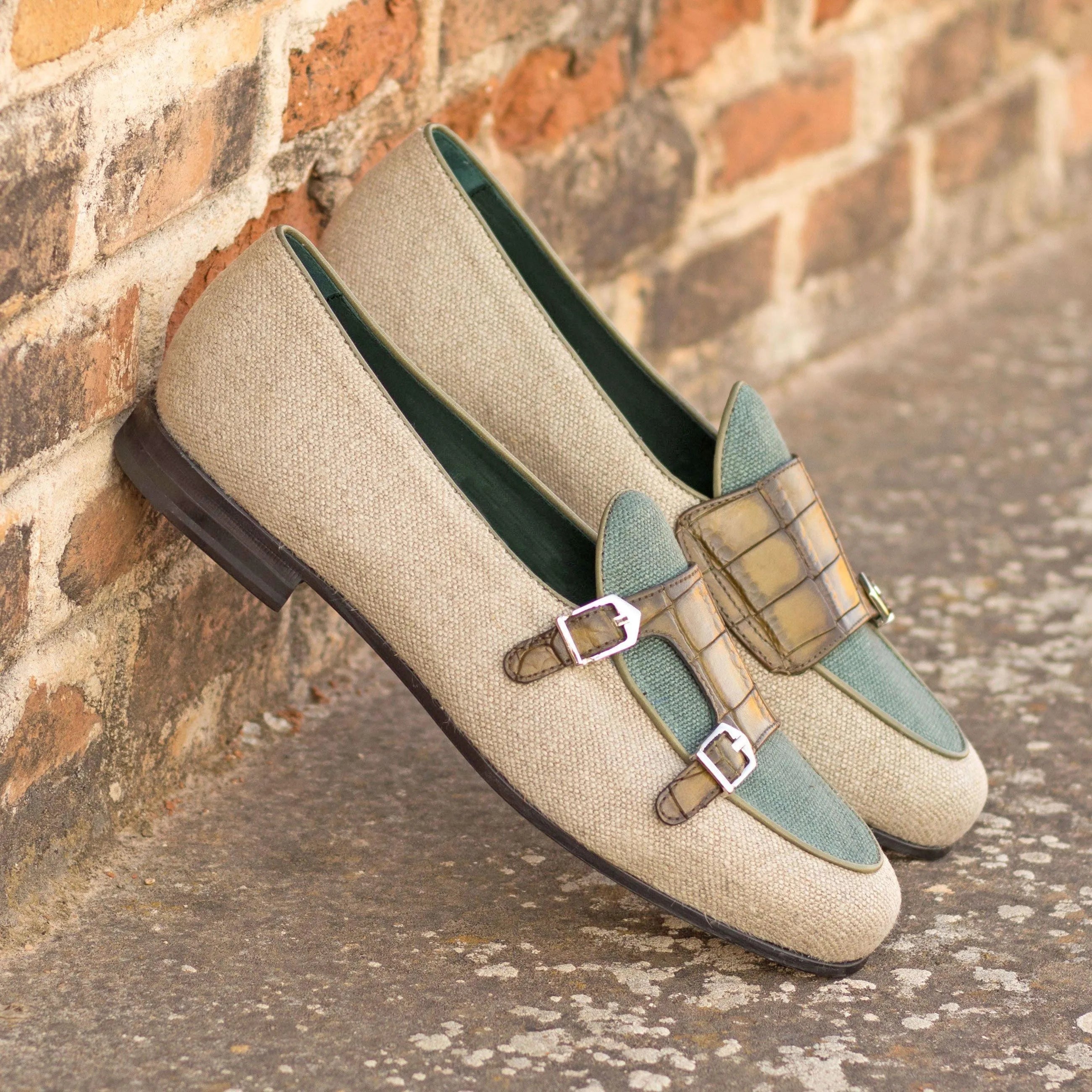 Votan Belgian Monk Slipper II in beige and olive painted monk straps