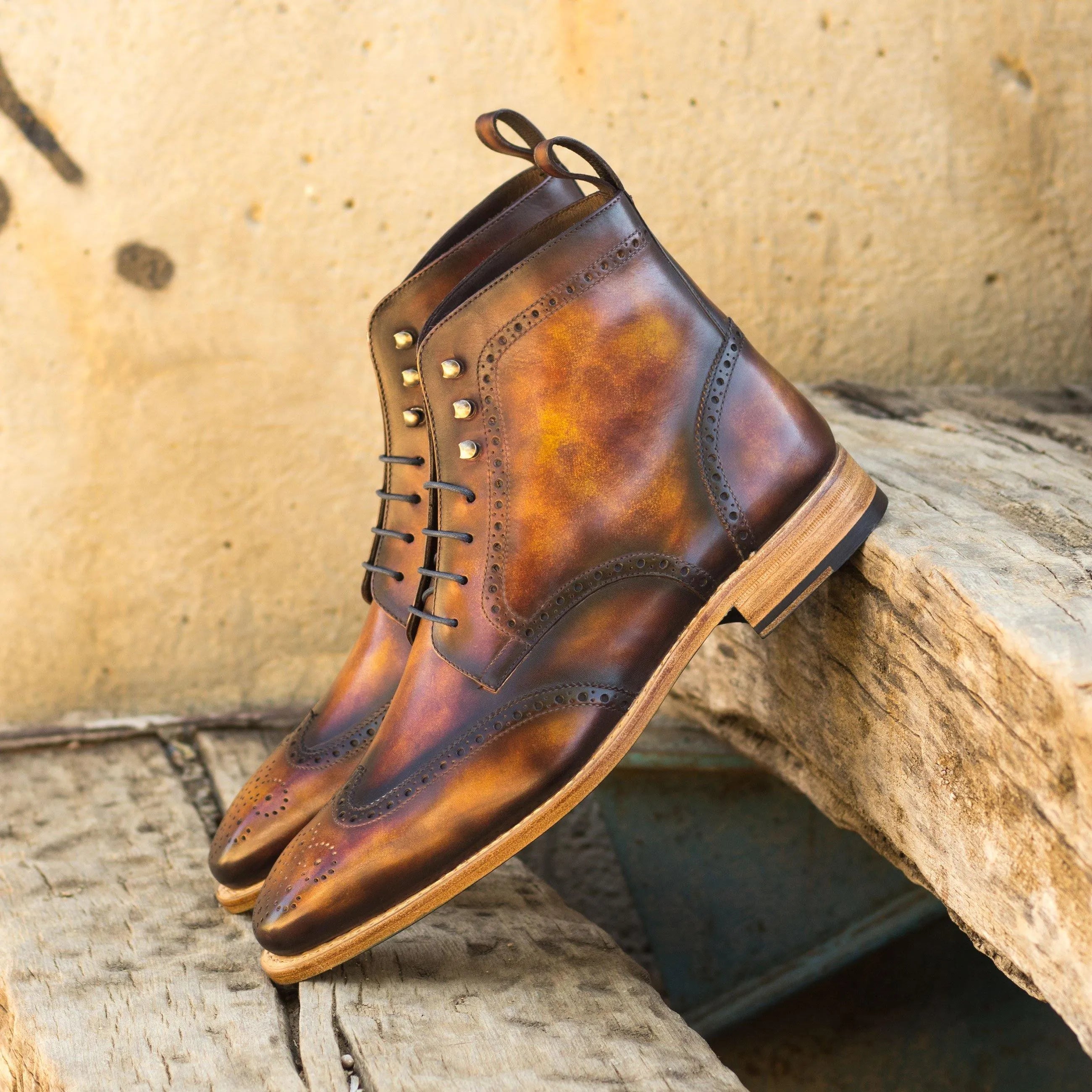 Wagner military brogue patina boots in brown leather wingtip