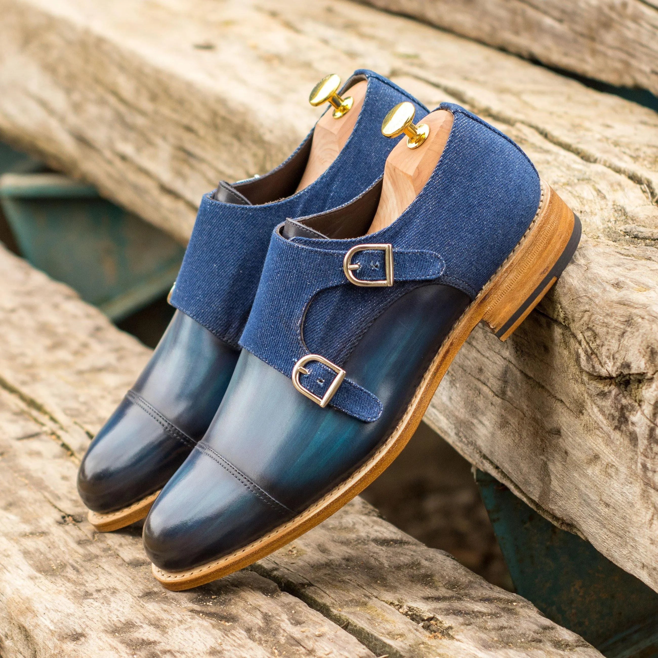 Wali Double Monk Patina II blue leather and denim rounded toe shoes