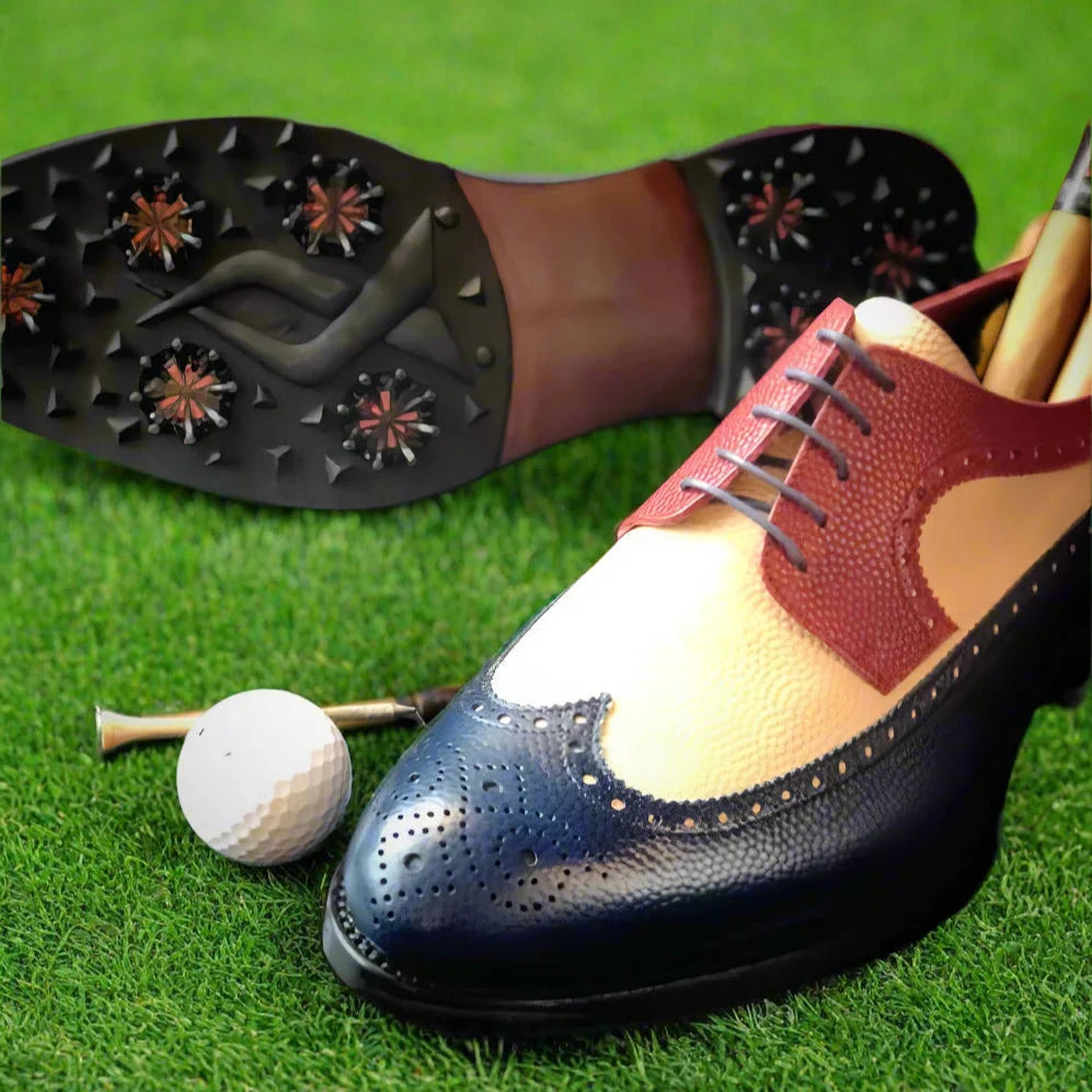 Joseph longwing blucher navy tan pebble Italian leather golf shoe back view