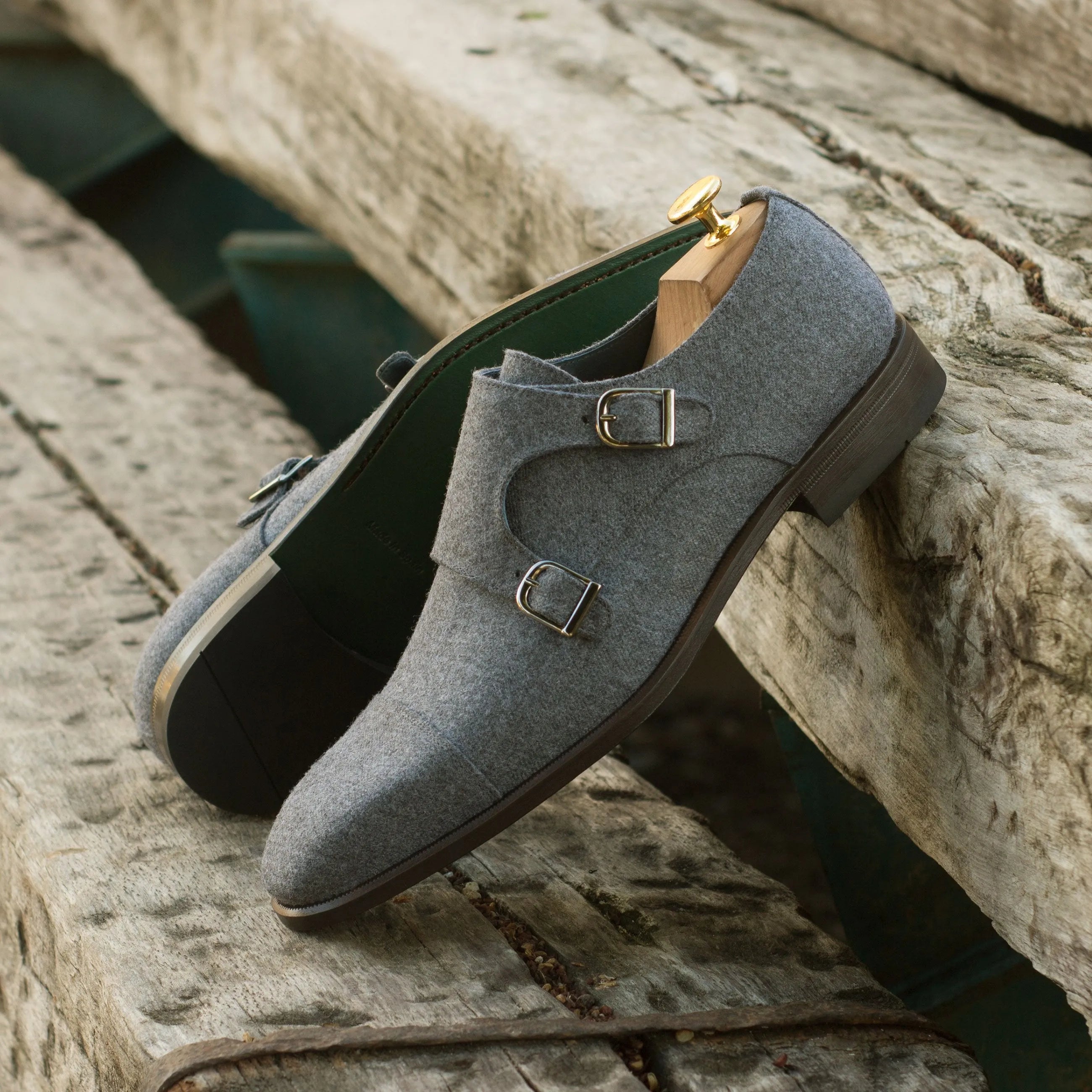 Gray Wiyot double monk shoes with patina finish