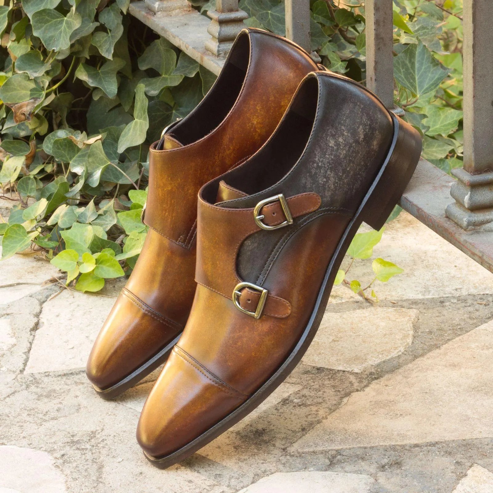 Brown leather XO Double Monk Patina II shoes, double monk patina view