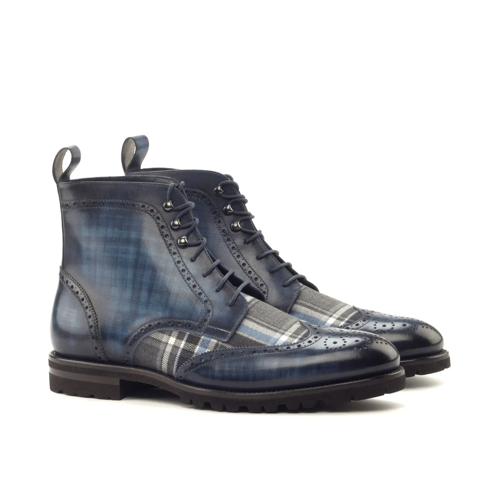 Zeno military brogue patina boots in blue leather and plaid wingtip