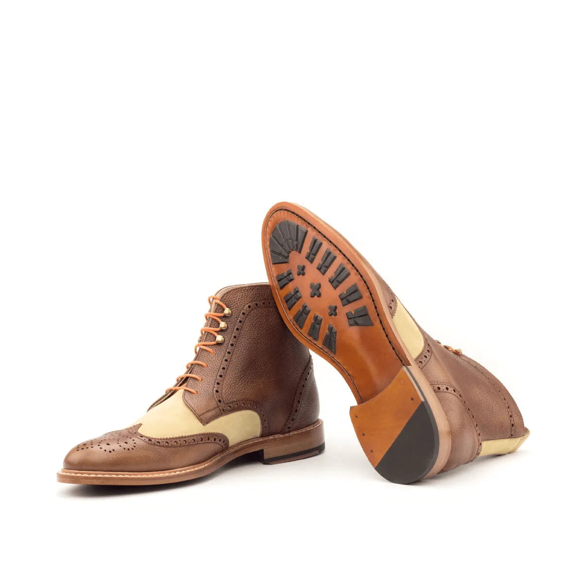 Zoticus military brogue boots in brown and beige leather wingtip design