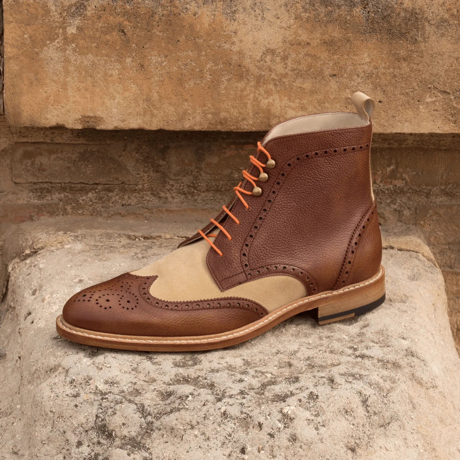 Zoticus military brogue boot with two-tone leather and orange laces